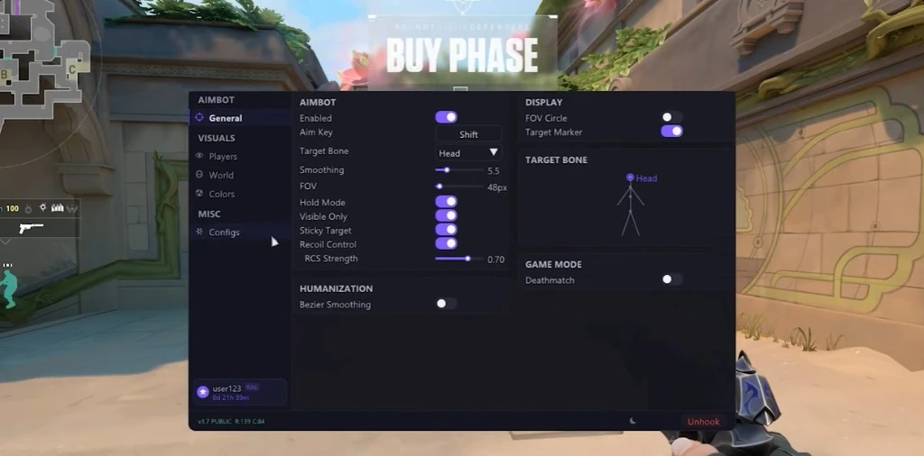 Valo Cheats mod menu — aimbot, ESP, and overlay toggles on PC